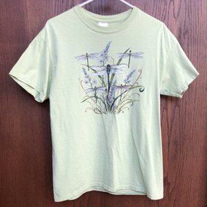 Women's Dragonfly Shirt Floral Nature Art Medium Light Green Gildan 100% Cotton